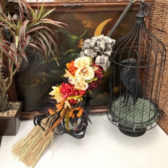 Hand Crafted Other - Handcrafted Fall floral decorated broom with a black & cream plaid bow